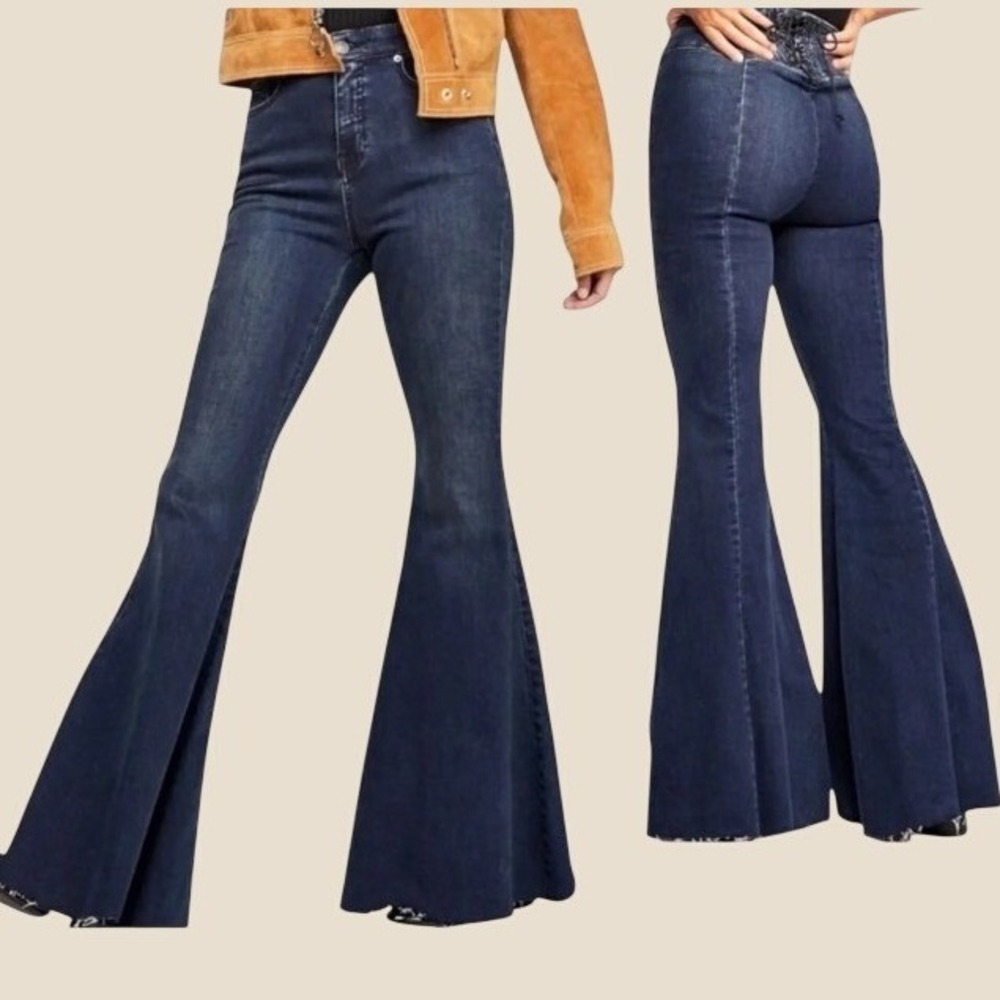 We The Free Ma Cherie Flare Jeans Women 27 Blue Hi Rise Bell Bottom Lace Up Back